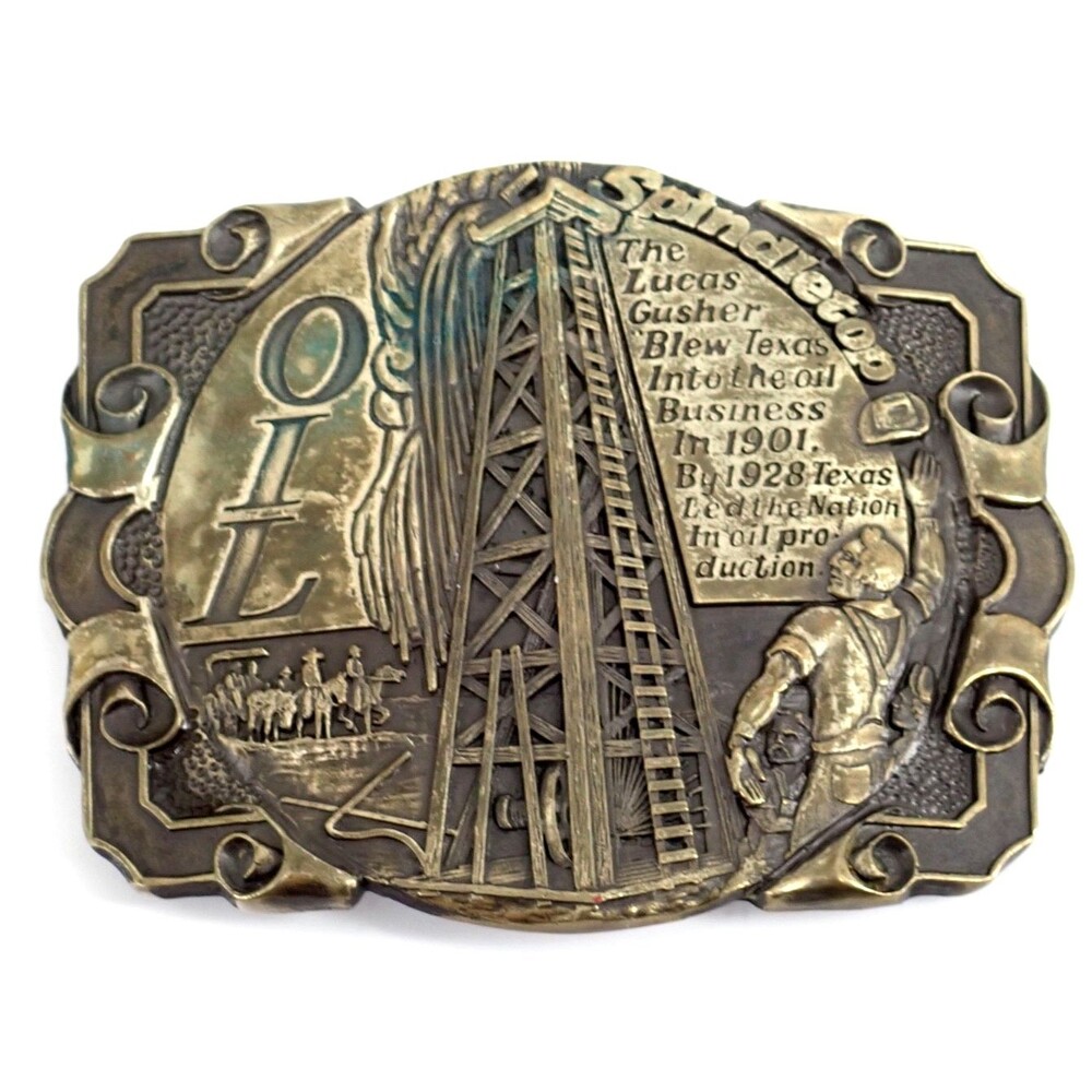 Texas Oil Belt Buckle 1901 Lucas Gusher Spindletop Brass Vtg 70s 3-5/8" X 2-3/4"
